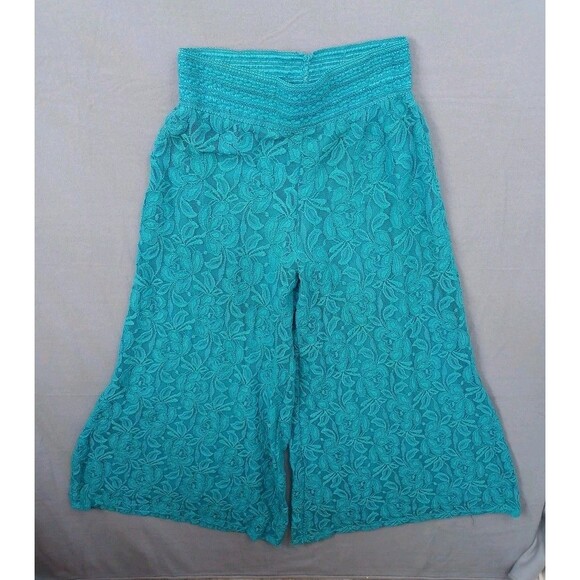 L&B Lace Palazzo Flare Wide Leg Pants Elastic Waist M Teal cropped - Picture 1 of 7